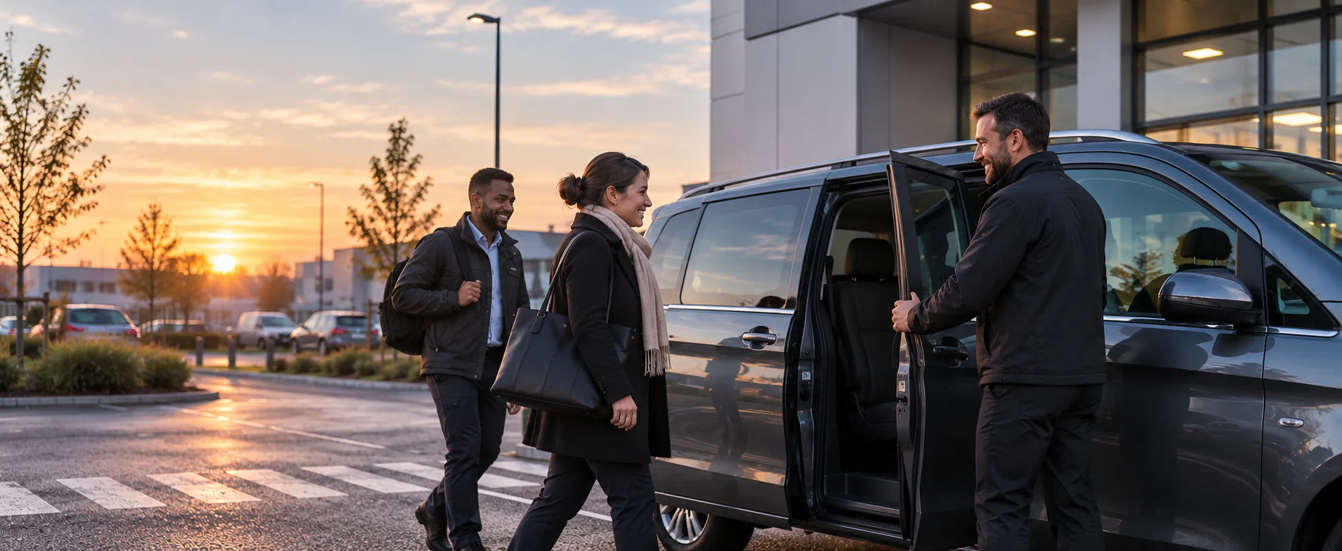 Salariés accueillis par un chauffeur devant leur lieu de travail