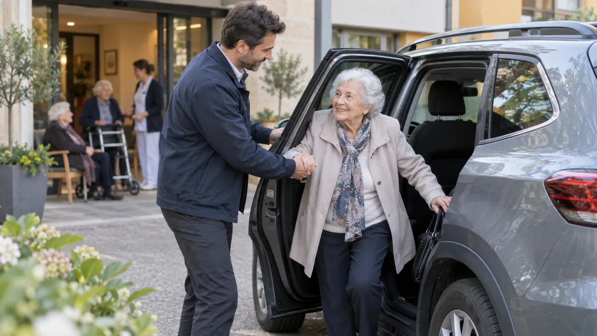 Chauffeur accompagnant une personne âgée à la sortie d’un véhicule